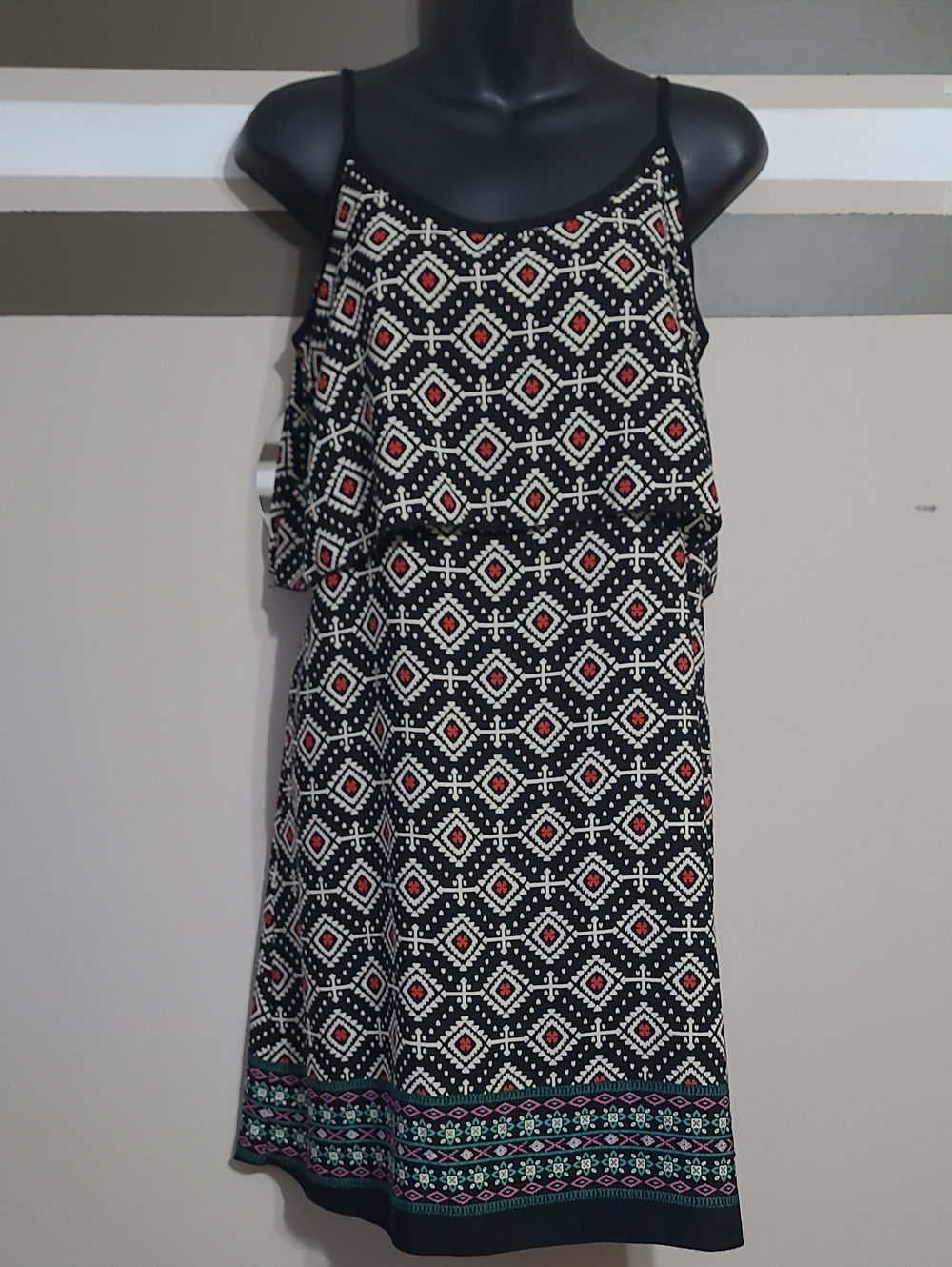 Eclipse Boho Black Geometric Print Spaghetti Strap Border Trim Dress Sz SM / Med